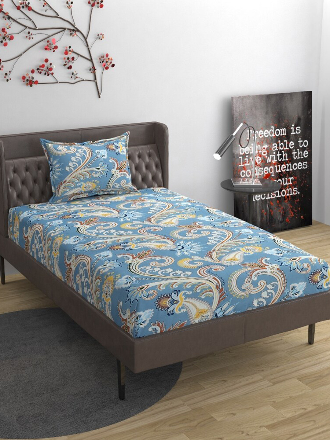 

Molly & Michel Blue & Yellow Ethnic Motifs 210 TC Single Bedsheet With 1 Pillow Cover