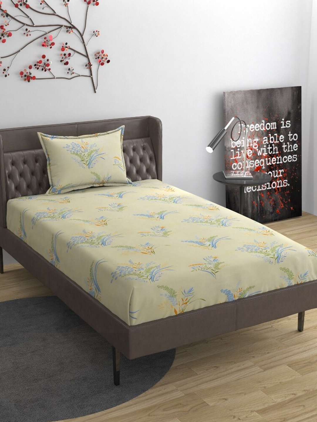 

Molly & Michel Cream & Blue Floral Printed 210 TC Single Bedsheet With 1 Pillow Cover
