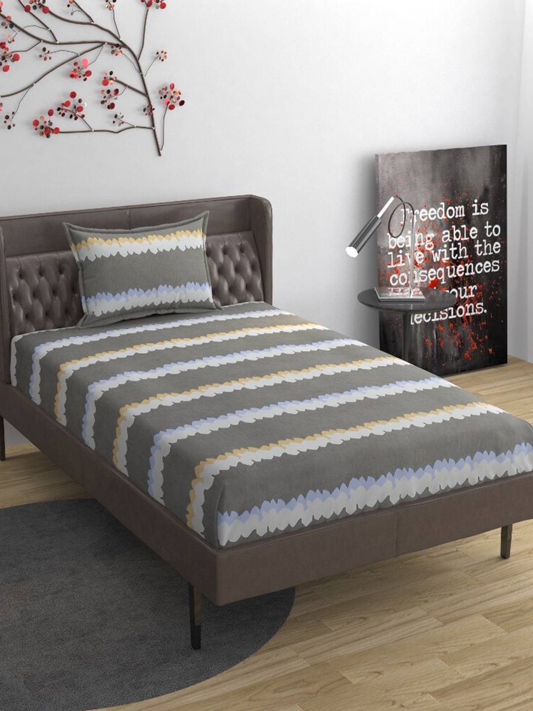 

Molly & Michel Grey & White Printed 210 TC Single Bedsheet With 1 Pillow Cover