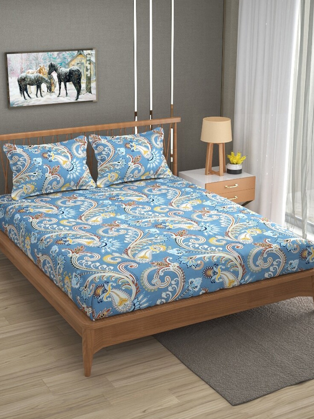 

Molly & Michel Blue & Brown Floral 210 TC Fitted Queen Bedsheet With 2 Pillow Covers