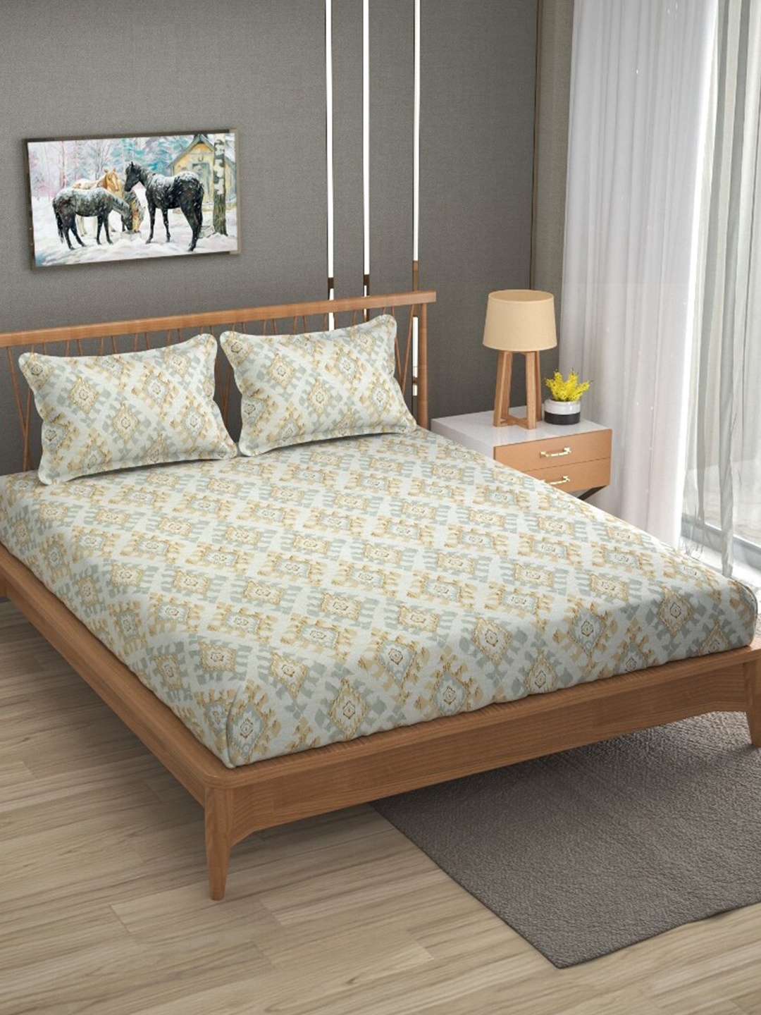 

Molly & Michel Cream & Grey Ethnic Motifs 210 TC Queen Bedsheet With 2 Pillow Covers