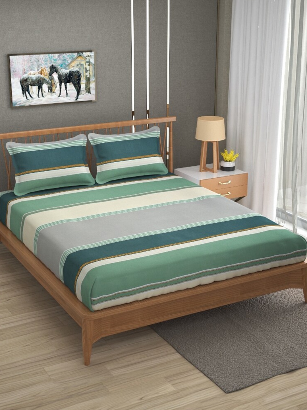 

Molly & Michel Green & Cream Striped 210 TC Fitted Queen Bedsheet With 2 Pillow Covers