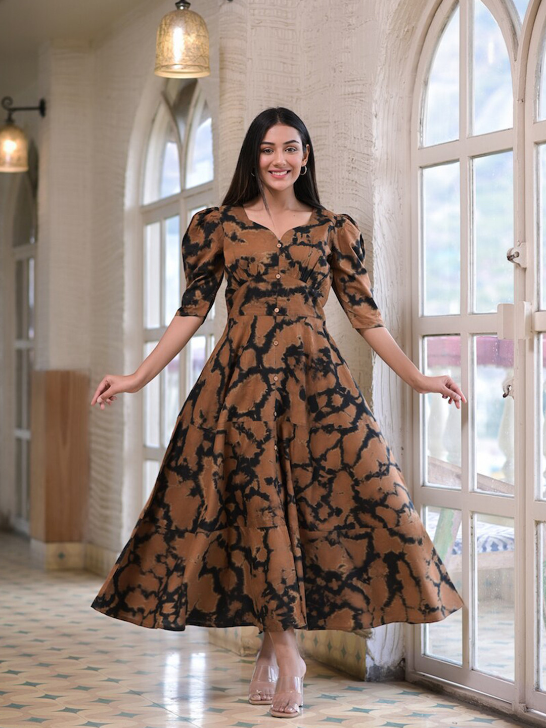 

Hatheli Brown Floral Ethnic Cotton Maxi Dress