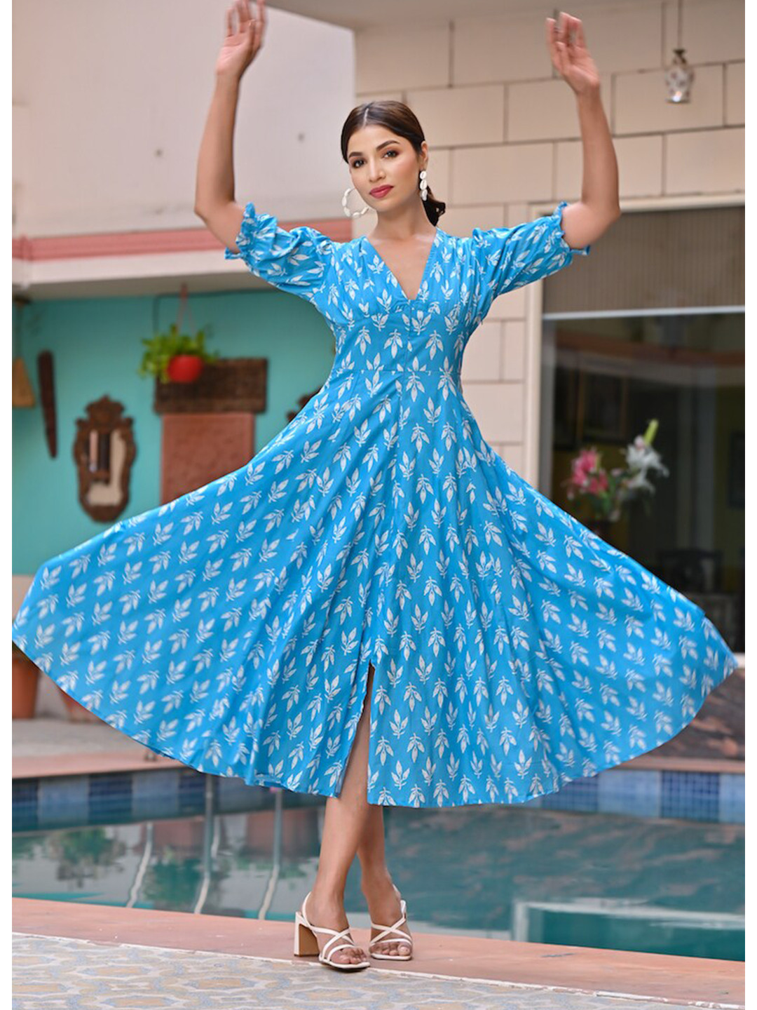 

Hatheli Floral Printed A-Line Dress, Blue