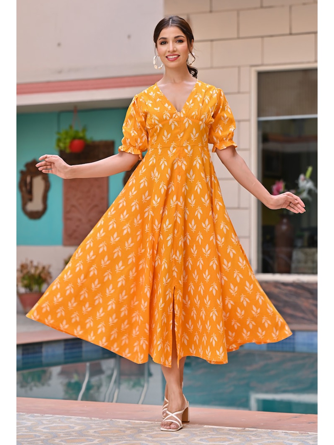

Hatheli Floral Printed Cotton A-Line Midi Dress, Yellow