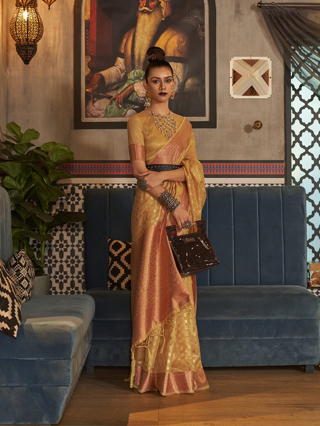 

elora Ethnic Motif Woven Design Zari Kanjeevaram Saree, Yellow