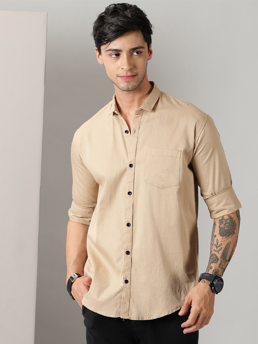 

Rodzen Spread Collar Cotton Casual Shirt, Cream