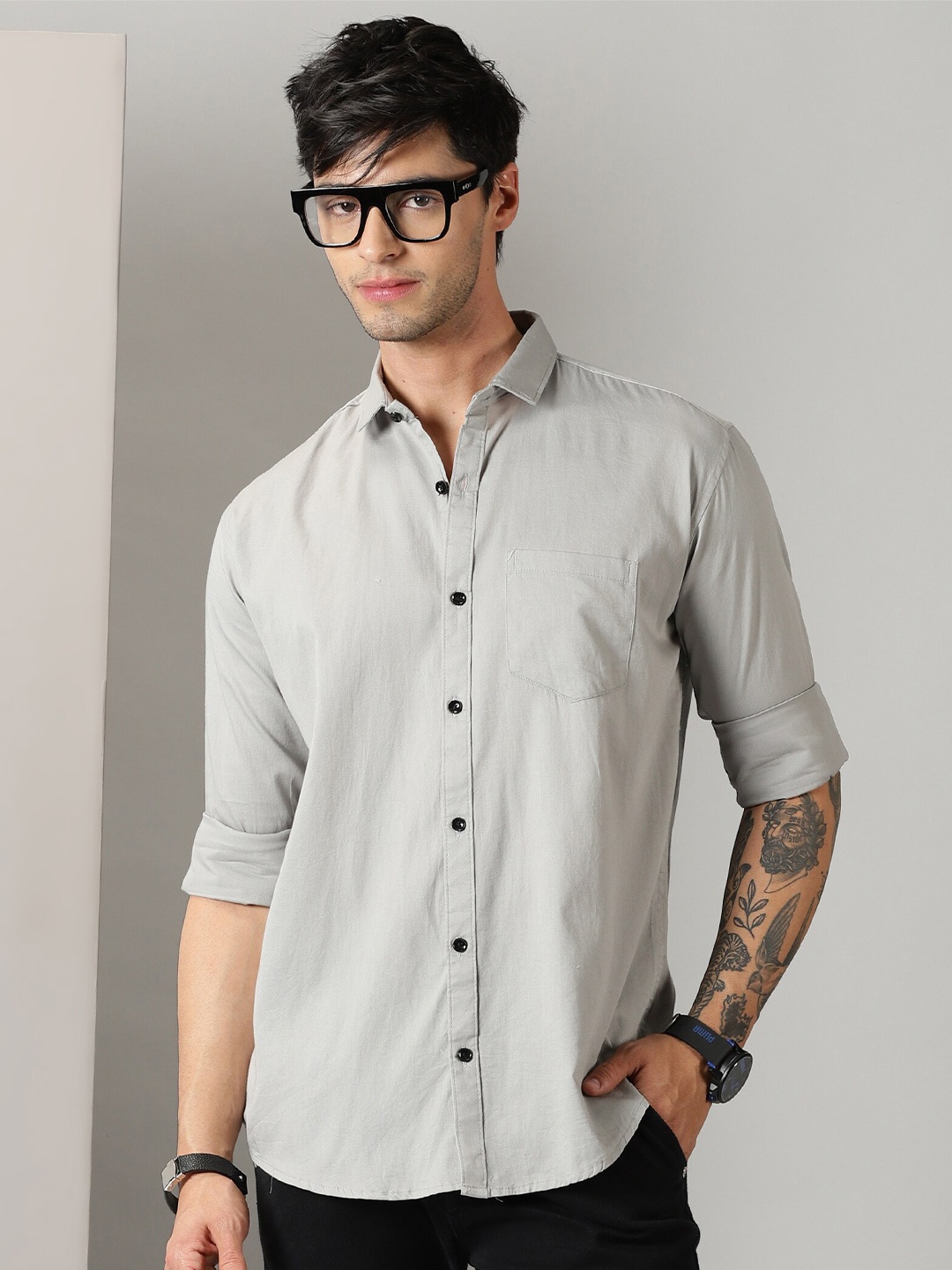 

Rodzen Spread Collar Cotton Casual Shirt, Grey