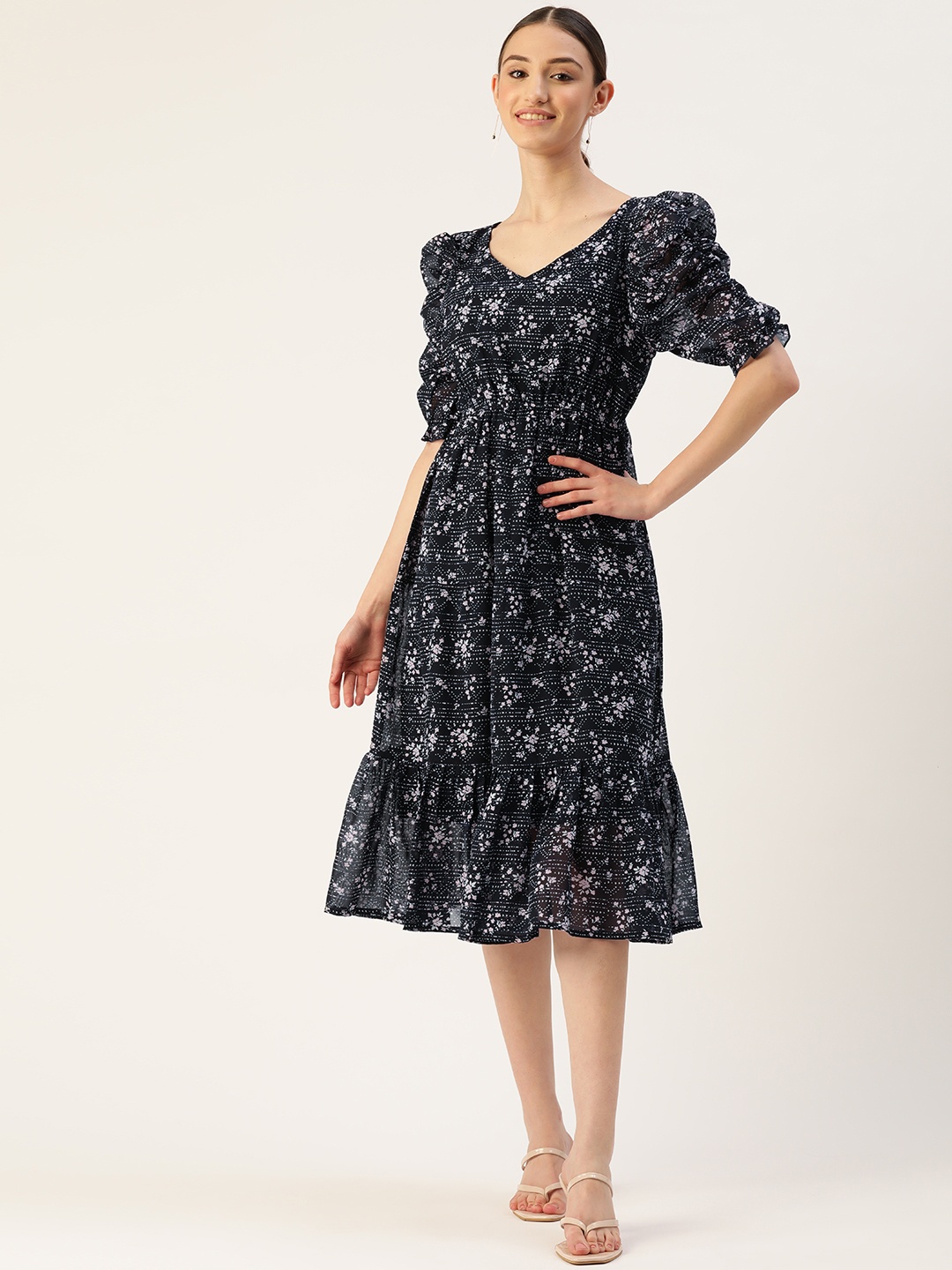 

WISSTLER Floral Georgette A-Line Midi Dress, Navy blue