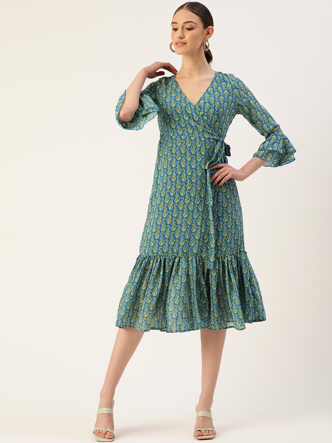 

WISSTLER Ethnic Motifs Georgette Midi Dress, Turquoise blue