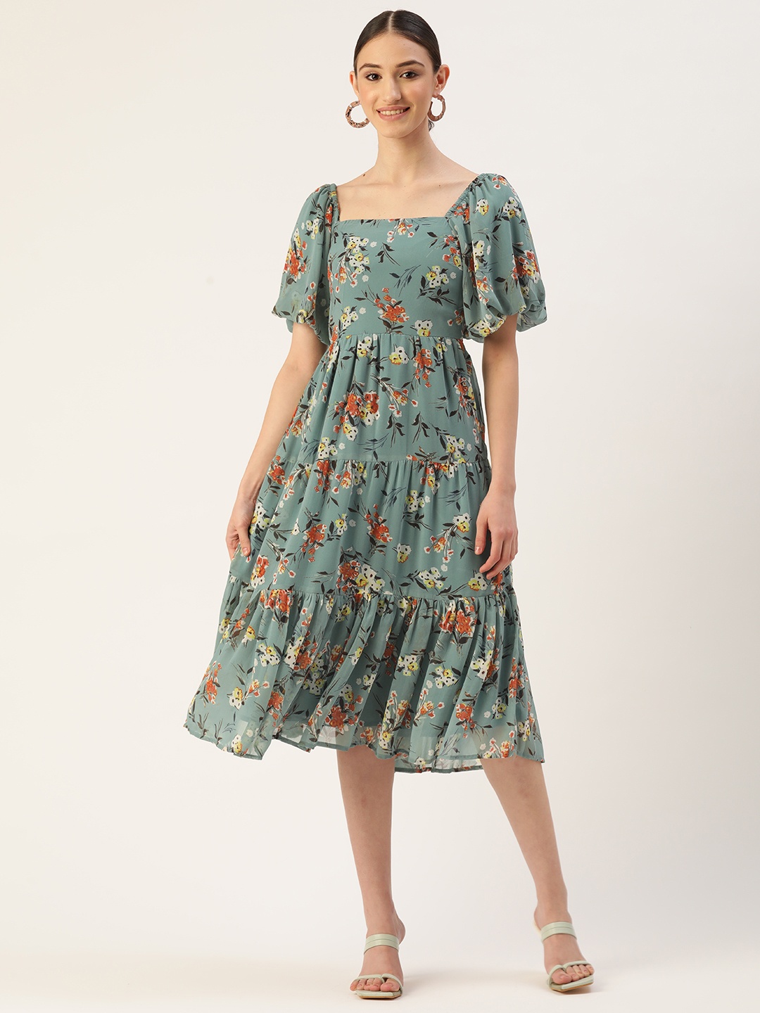 

WISSTLER Floral Georgette A-Line Midi Dress, Green