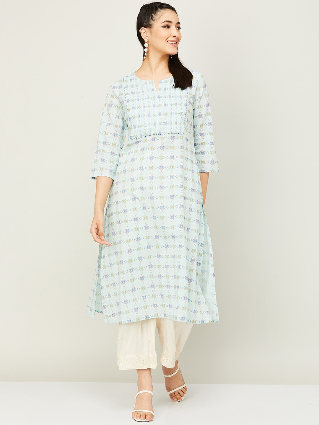 

Melange by Lifestyle Ethnic Motifs Printed Pleated Cotton Kurta, Green