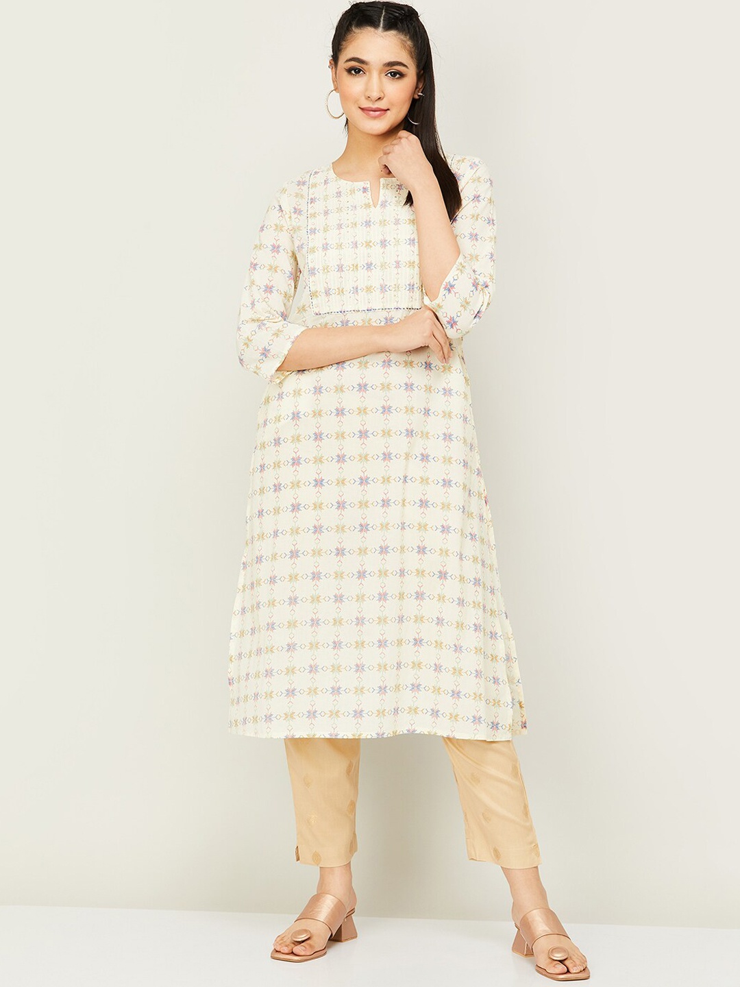 

Melange by Lifestyle Ethnic Motifs Printed Pure Cotton Kurta, Beige