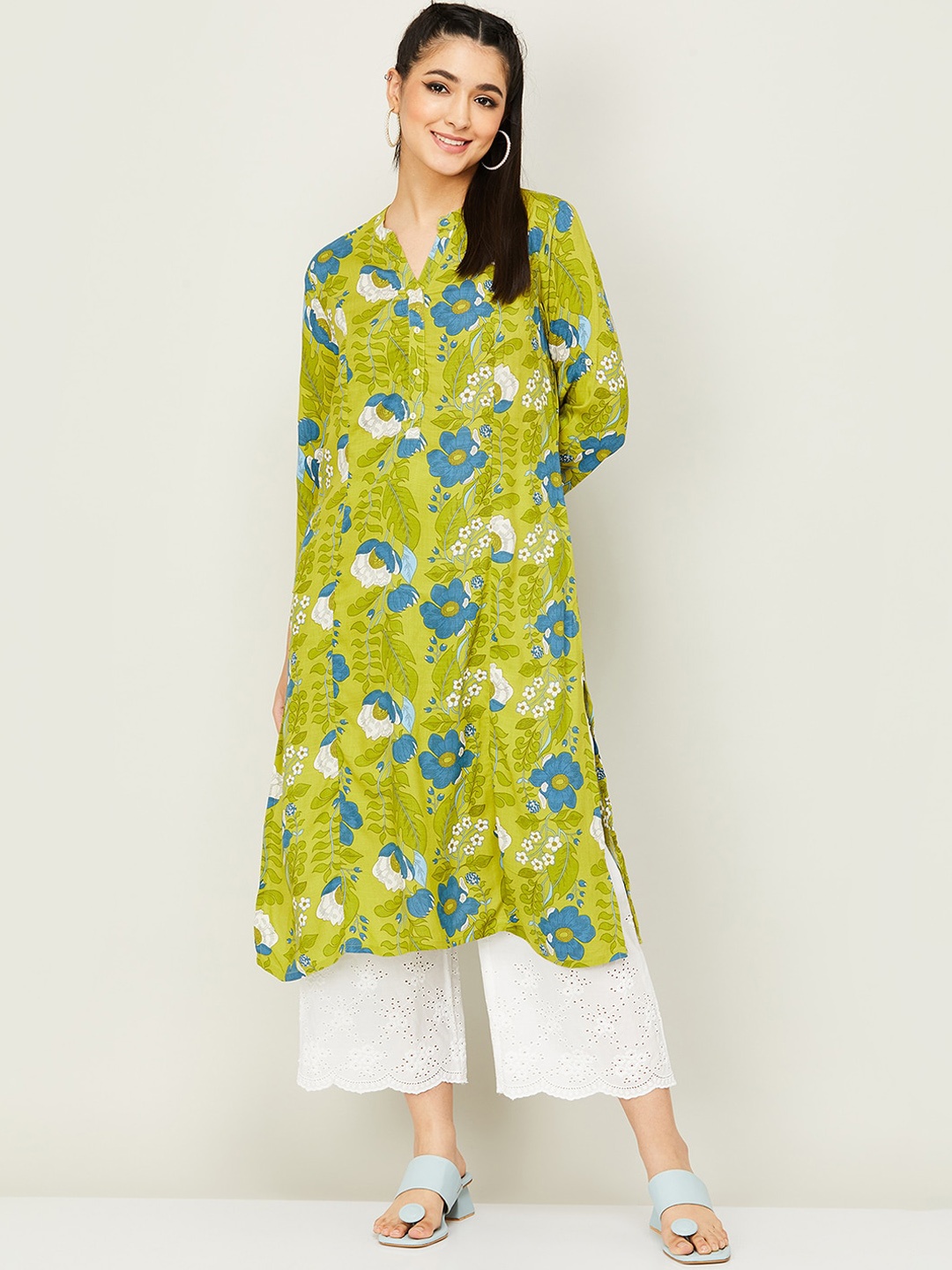 

Melange by Lifestyle Band Collar Abstract Printed Paneled A-line Kurta, Green