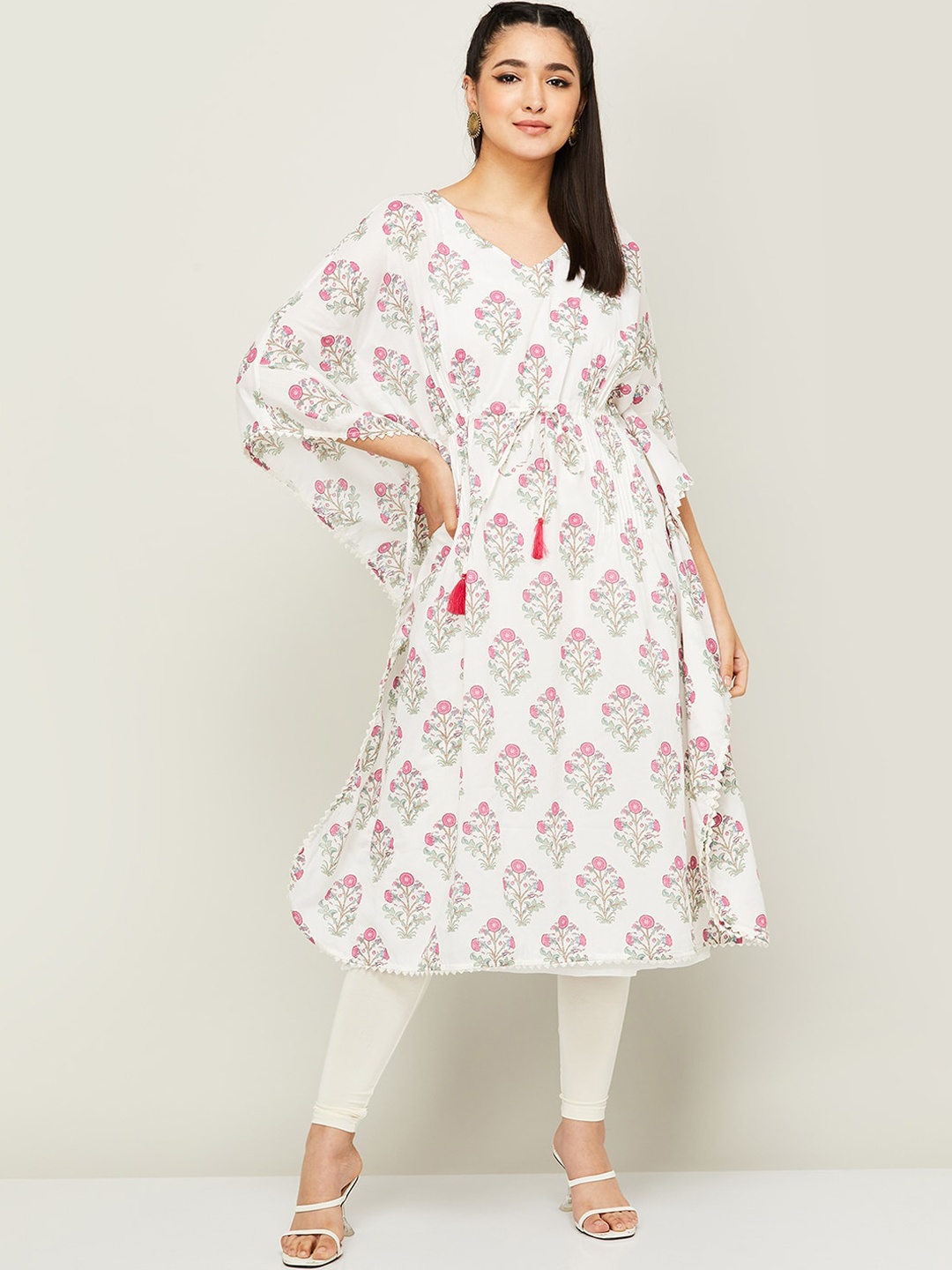 

Melange by Lifestyle Floral Printed Flared Sleeves Pure Cotton Kaftan Kurta, White