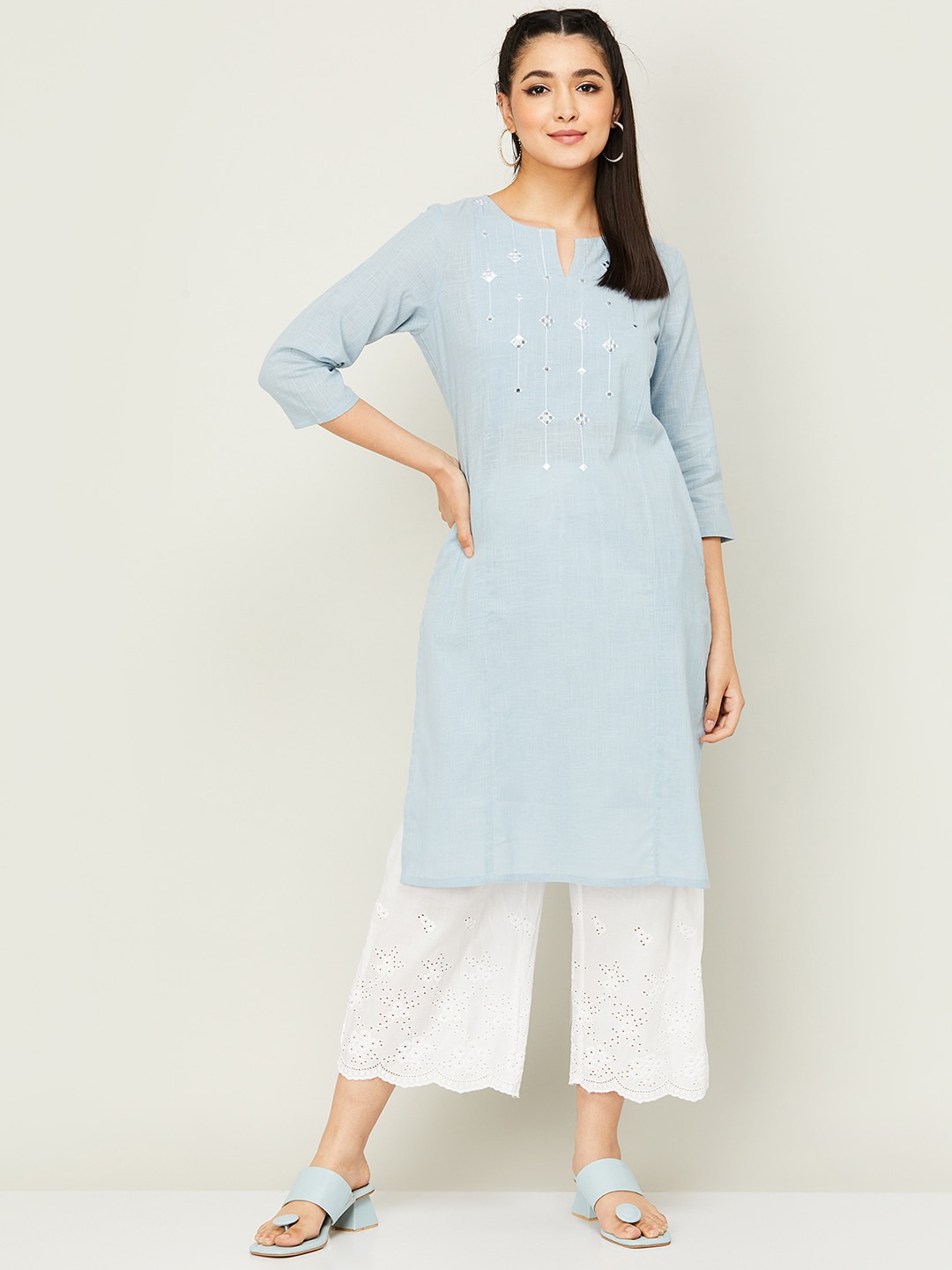 

Melange by Lifestyle Geometric Embroidered Notch Neck Pure Cotton Kurta, Blue
