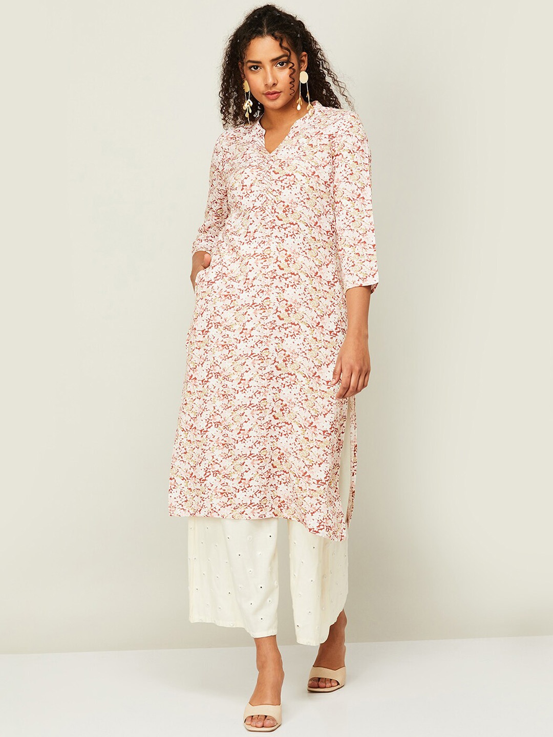 

Melange by Lifestyle Floral Printed Band Collar Kurta, White