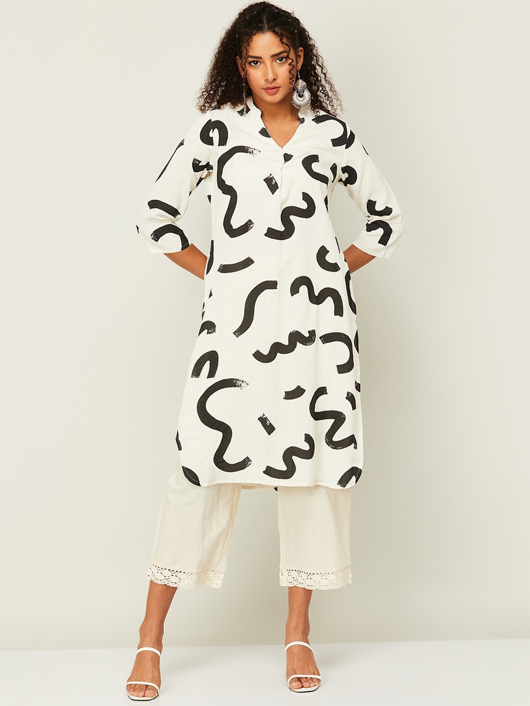 

Melange by Lifestyle Abstract Printed Band Collar Kurta, Beige