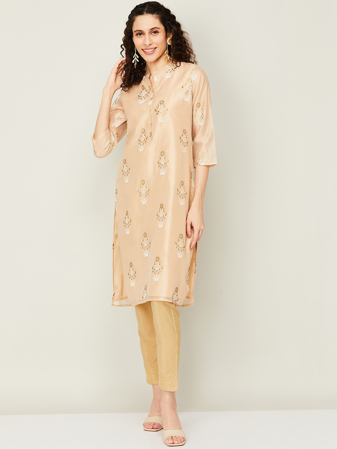 

Melange by Lifestyle Floral Printed Band Collar Kurta, Beige