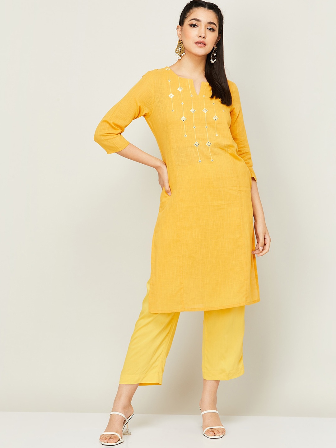 

Melange by Lifestyle Mirror Work Embellished Straight Cotton Kurta, Mustard