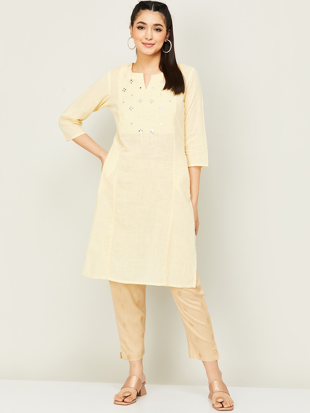 

Melange by Lifestyle Notched Neck Mirror Work Pure Cotton Straight Kurta, Yellow