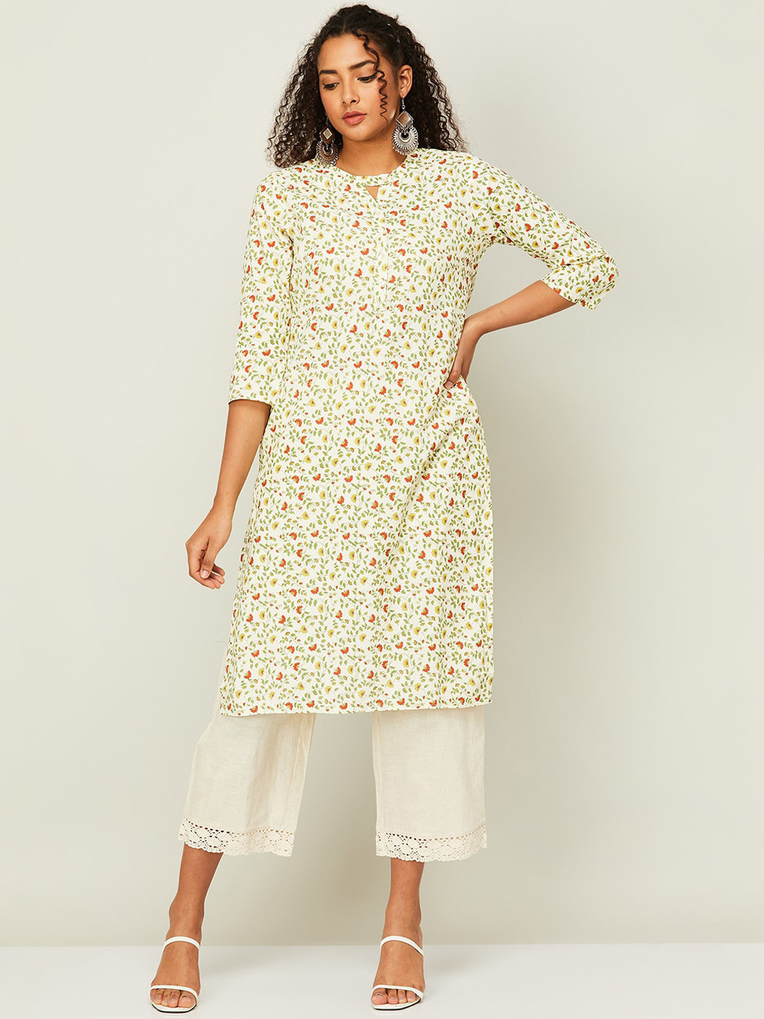

Melange by Lifestyle Floral Printed Keyhole Neck Straight Kurta, Beige