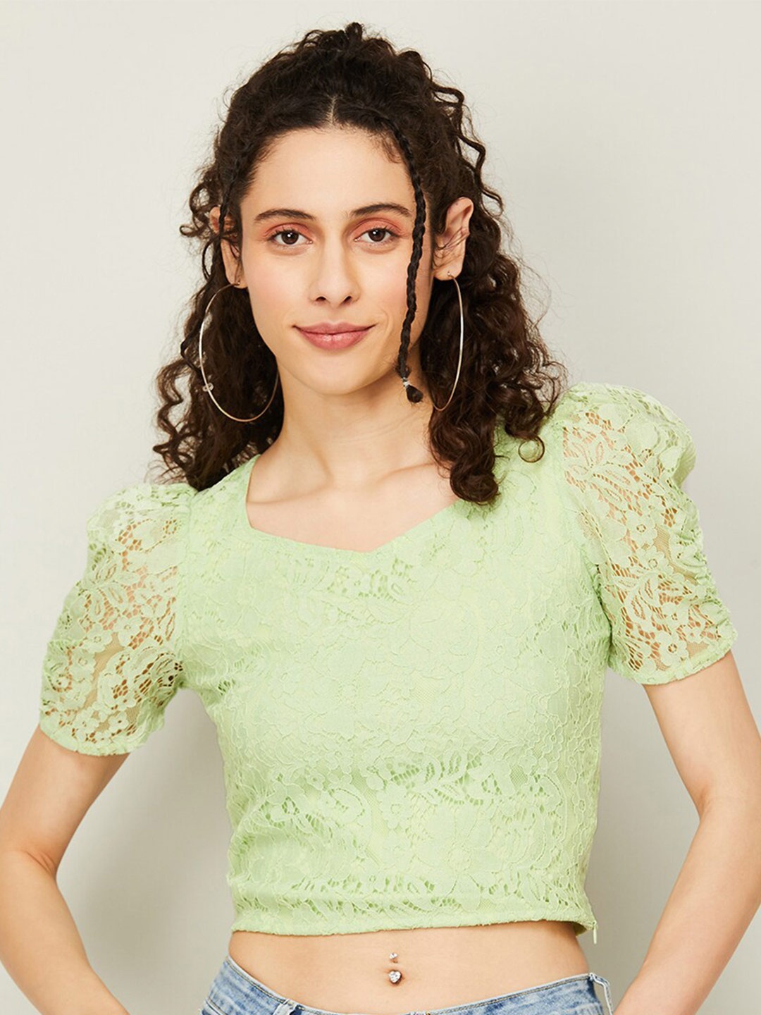 

Ginger by Lifestyle Lace-Up Detail Self Design Puff Sleeves Crop Cotton Top, Green