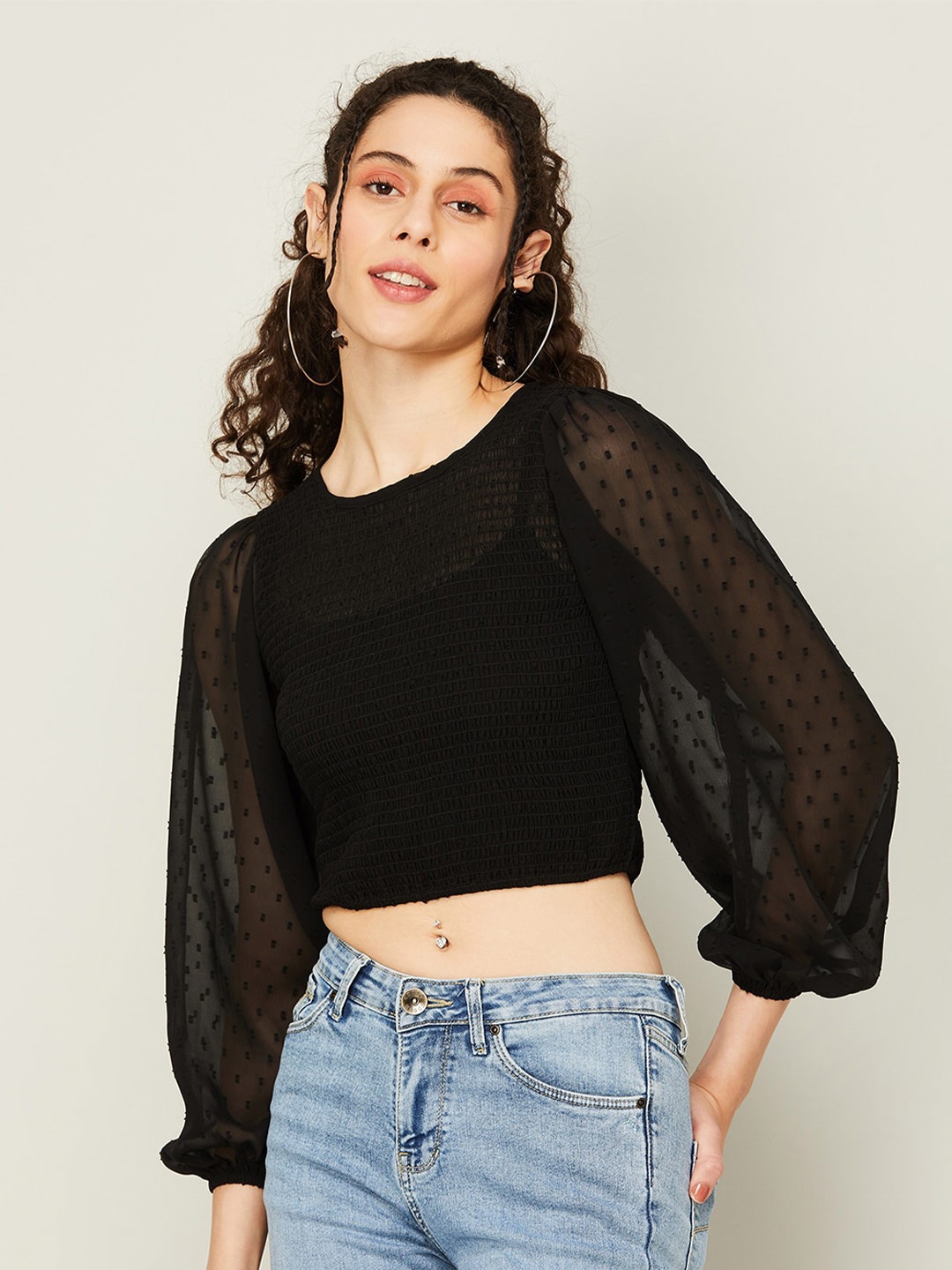 

Ginger by Lifestyle Self Design Puff Sleeves Crop Top, Black