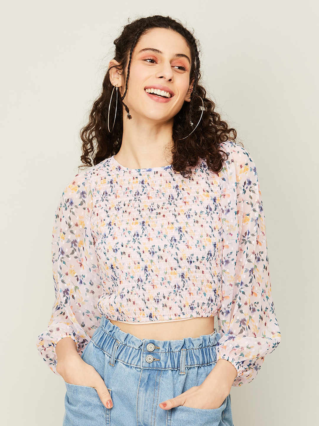 

Ginger by Lifestyle Floral Print Smocked Crop Top, Pink