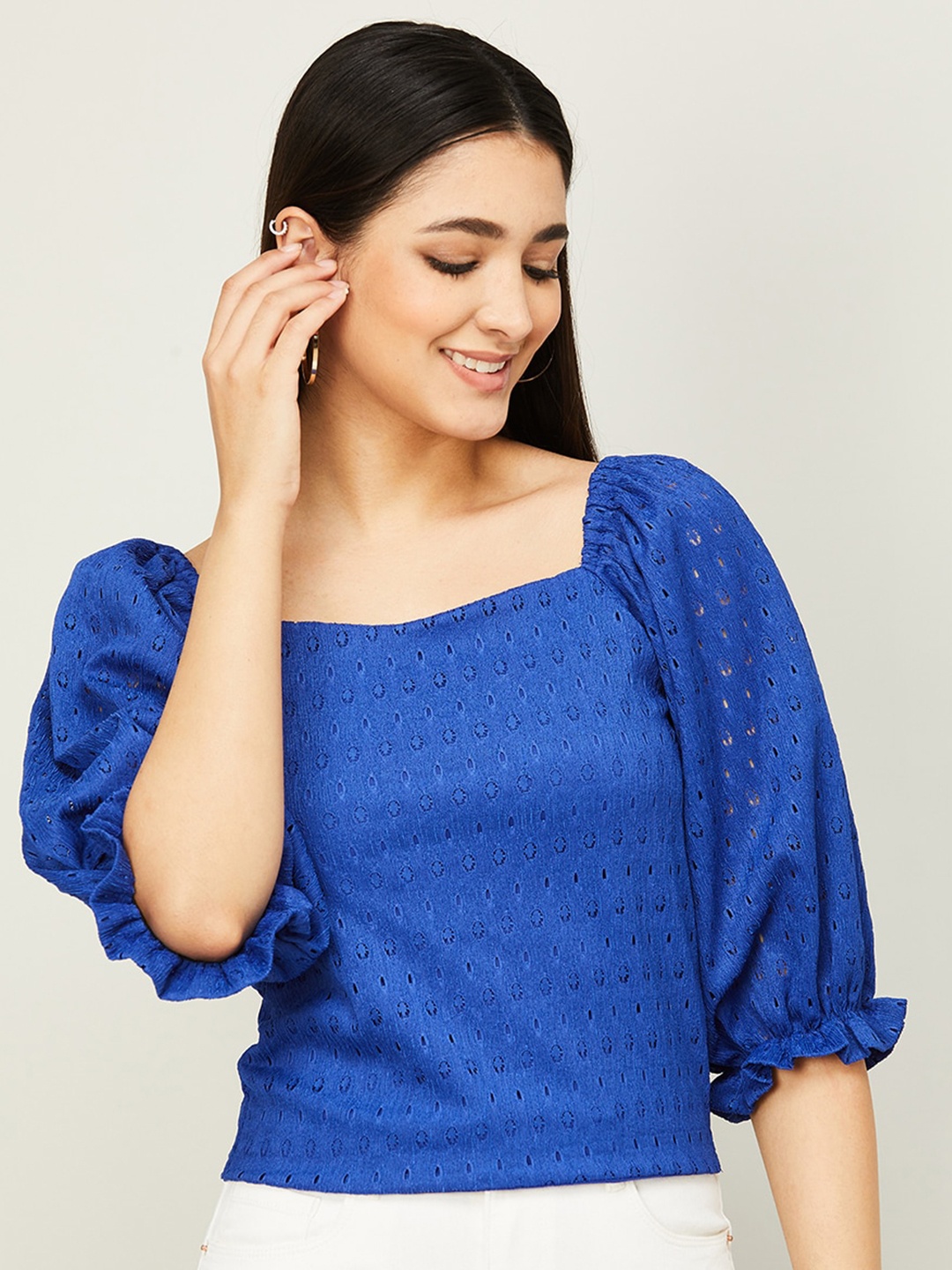 

Ginger by Lifestyle Self Design Puff Sleeves Top, Blue