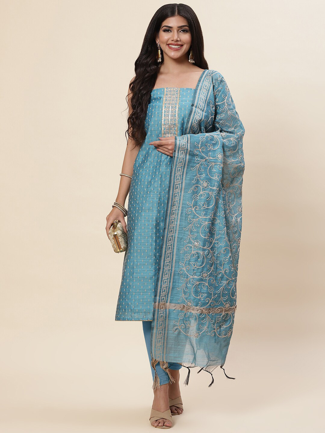 

Meena Bazaar Pure Silk Unstitched Dress Material, Blue