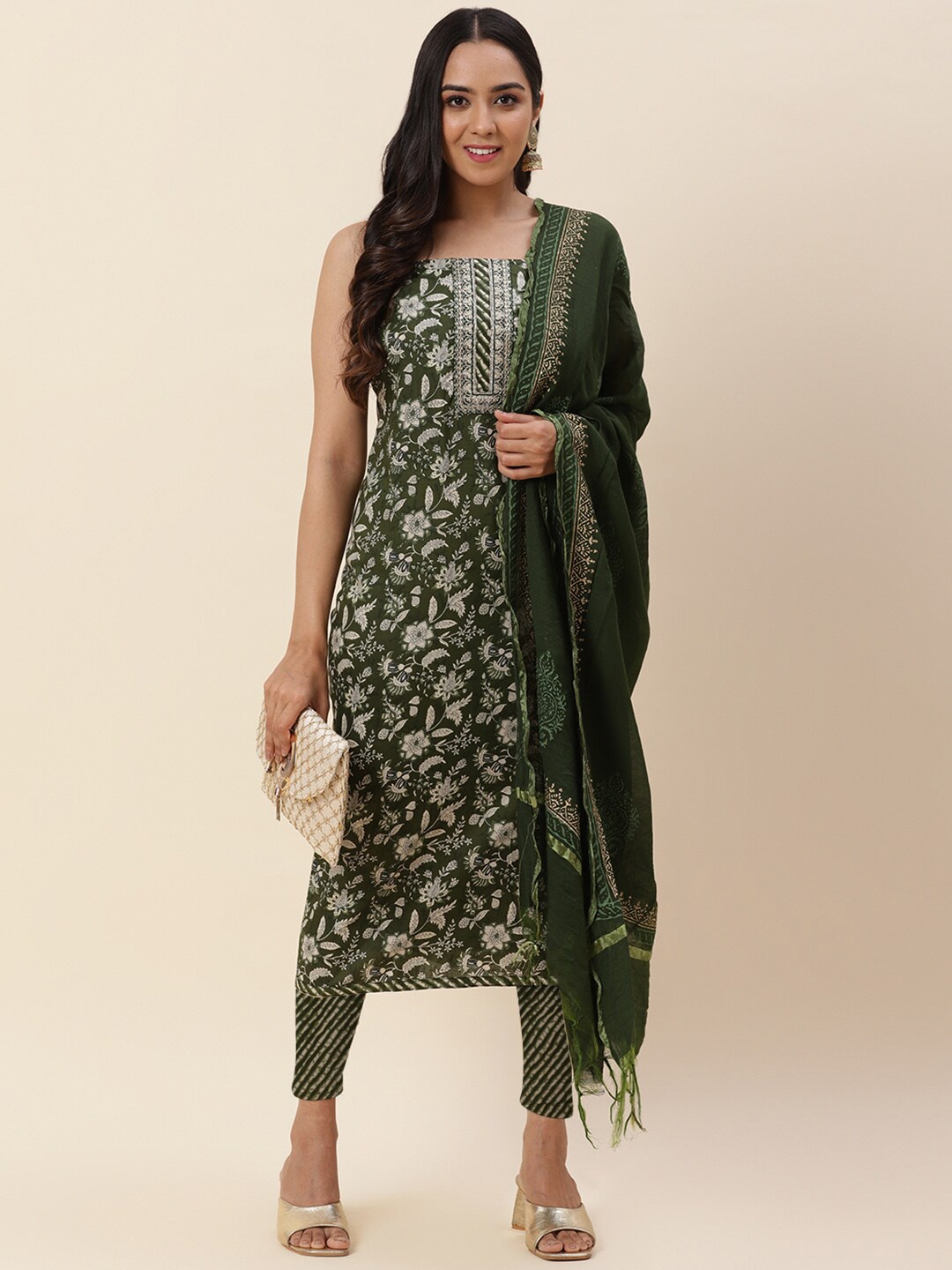 

Meena Bazaar Green & White Printed Pure Cotton Unstitched Dress Material