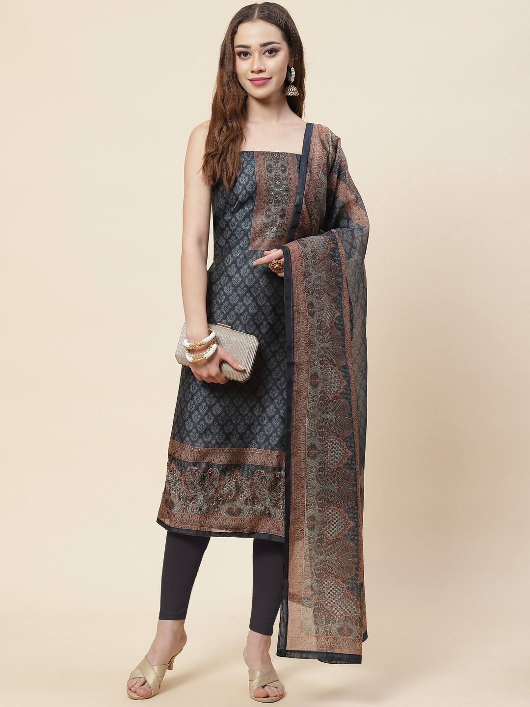 

Meena Bazaar Printed Pure Silk Unstitched Dress Material, Grey