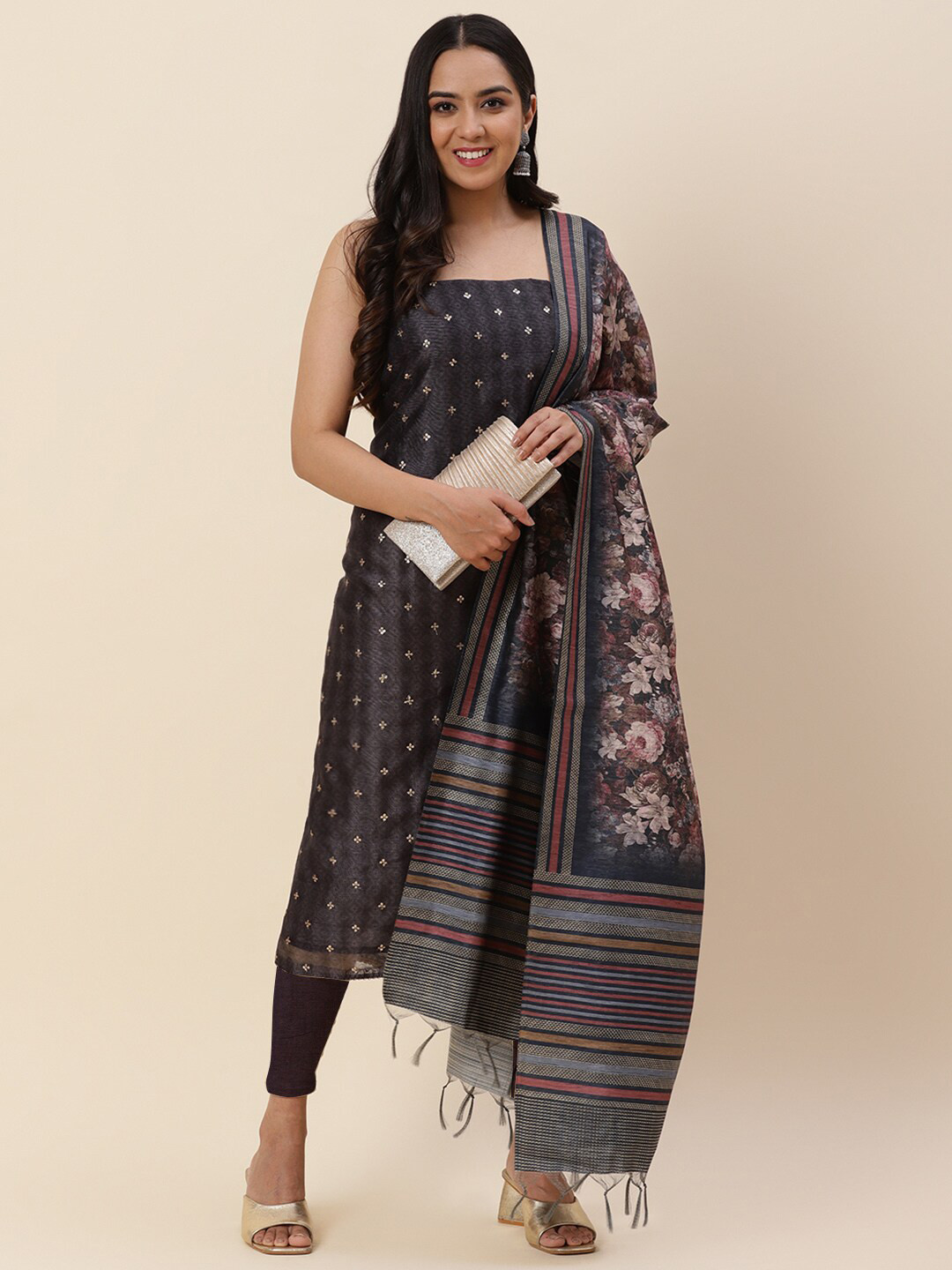 

Meena Bazaar Printed Sequinned Pure Silk Unstitched Dress Material, Black