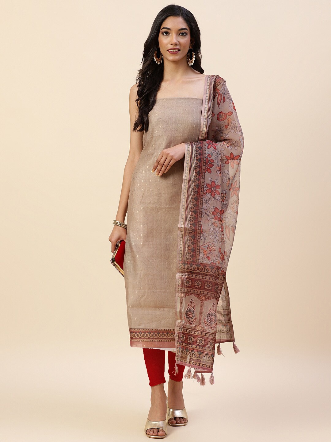 

Meena Bazaar Woven Design Pure Silk Unstitched Dress Material, Beige
