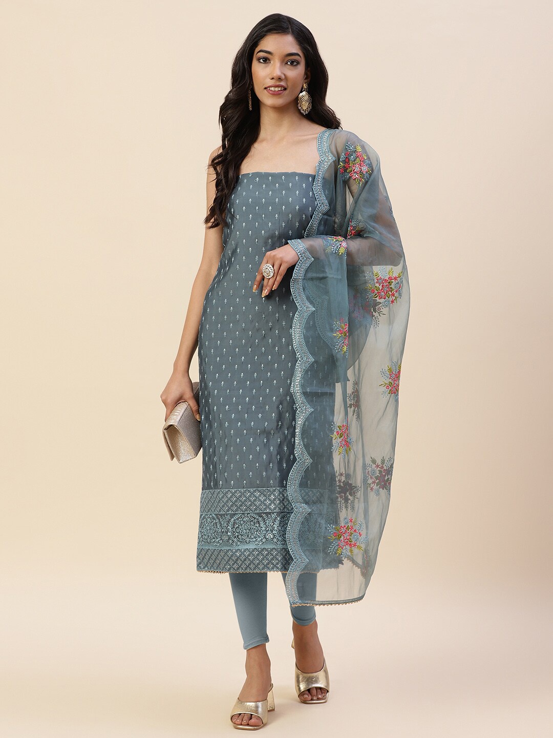 

Meena Bazaar Grey & Green Embroidered Pure Silk Unstitched Dress Material