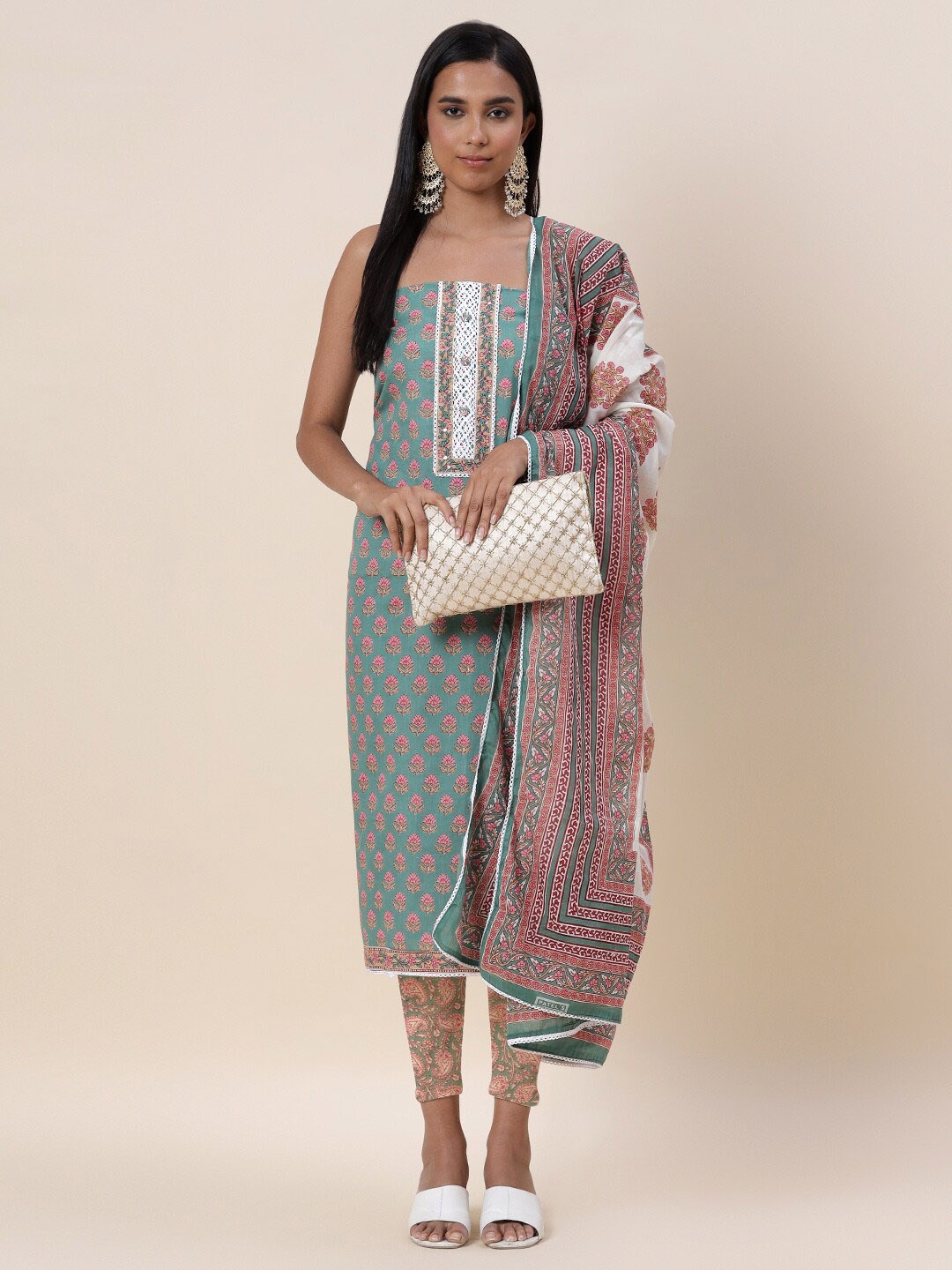 

Meena Bazaar Green & Pink Printed Pure Cotton Unstitched Dress Material