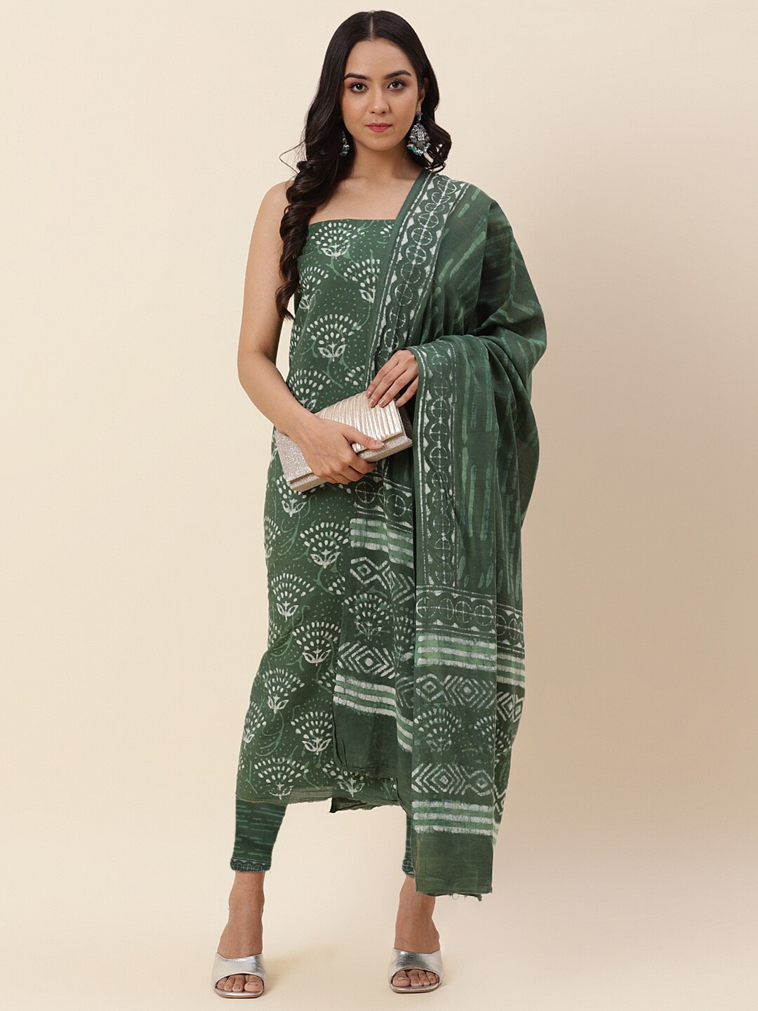 

Meena Bazaar Green & White Printed Pure Cotton Unstitched Dress Material