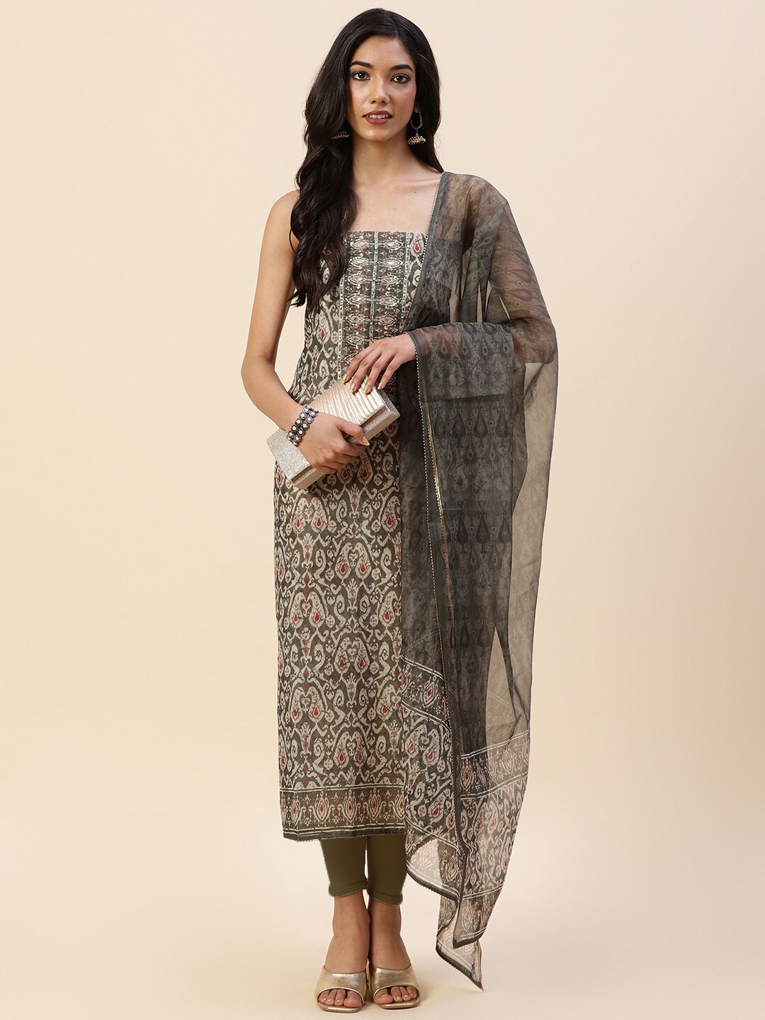 

Meena Bazaar Green & Beige Embroidered Pure Silk Unstitched Dress Material
