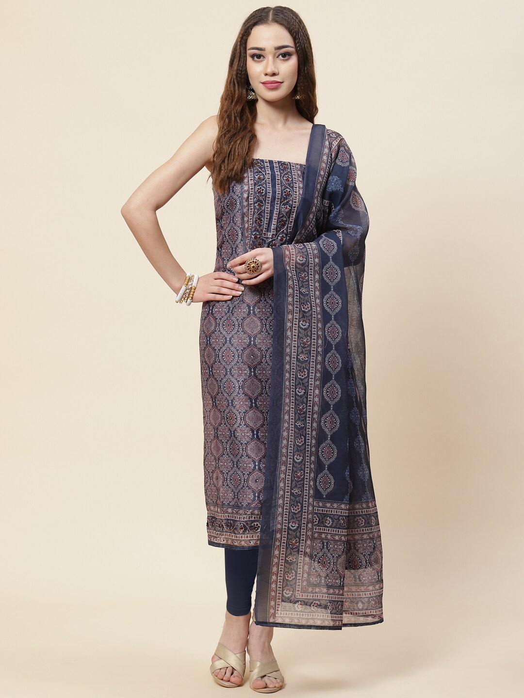

Meena Bazaar Blue & Beige Printed Pure Silk Unstitched Dress Material