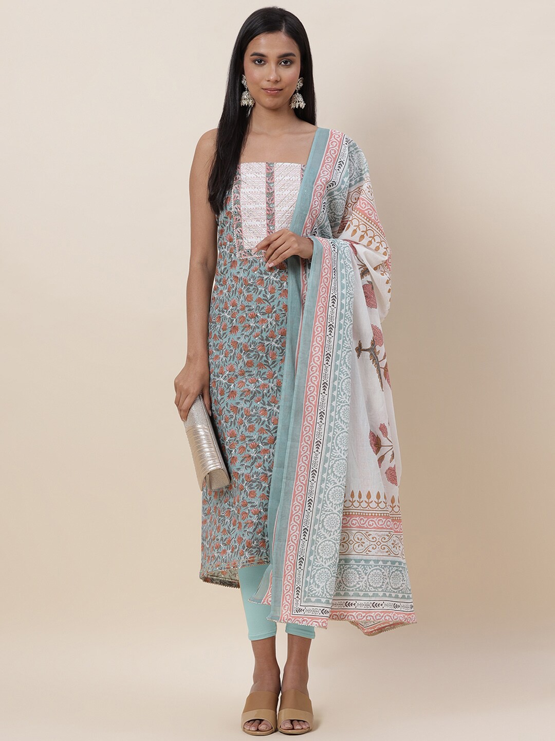 

Meena Bazaar Green & White Printed Pure Cotton Unstitched Dress Material