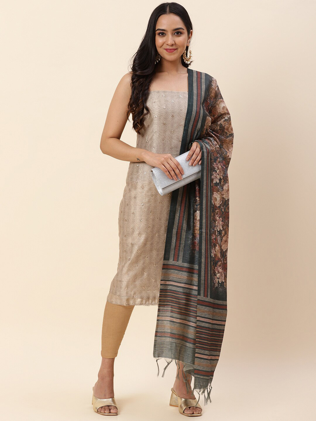 

Meena Bazaar Beige & Black Embroidered Pure Silk Unstitched Dress Material
