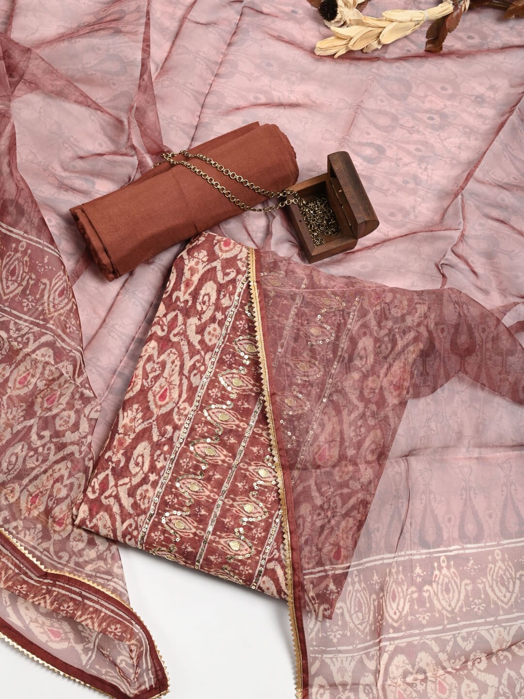 

Meena Bazaar Brown & Gold-Toned Embroidered Pure Silk Unstitched Dress Material