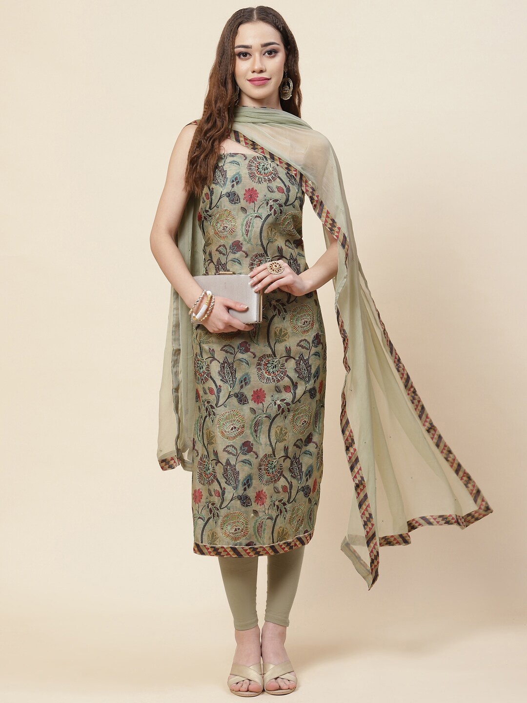 

Meena Bazaar Green & Brown Printed Pure Silk Unstitched Dress Material