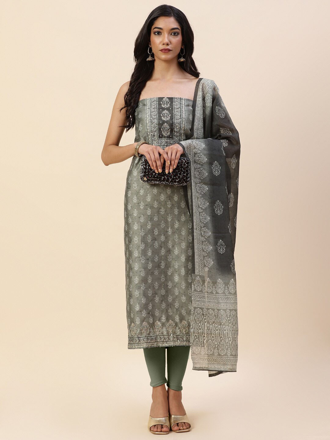 

Meena Embroidered Pure Cotton Unstitched Dress Material, Grey