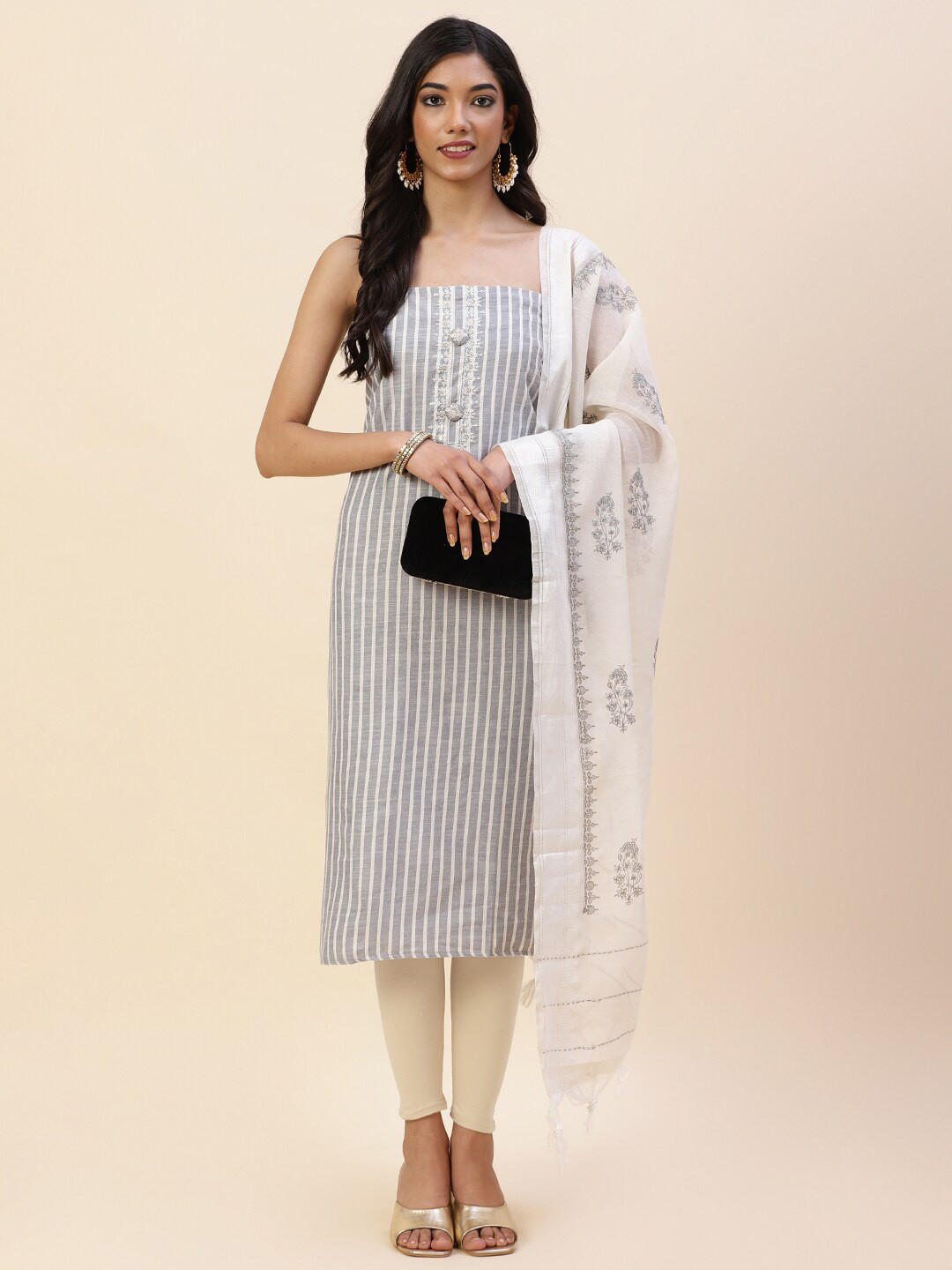 

Meena Bazaar Grey & White Pure Cotton Unstitched Dress Material