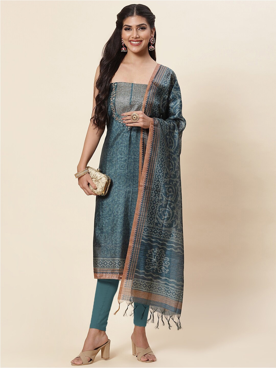 

Meena Bazaar Blue & Gold-Toned Embroidered Pure Silk Unstitched Dress Material