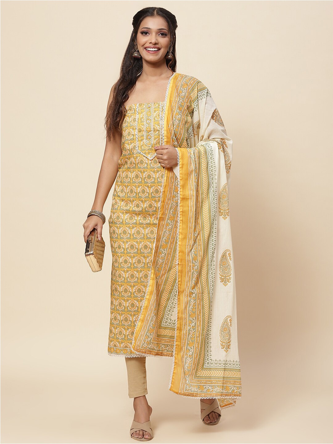 

Meena Bazaar Yellow & Off White Printed Pure Cotton Unstitched Dress Material