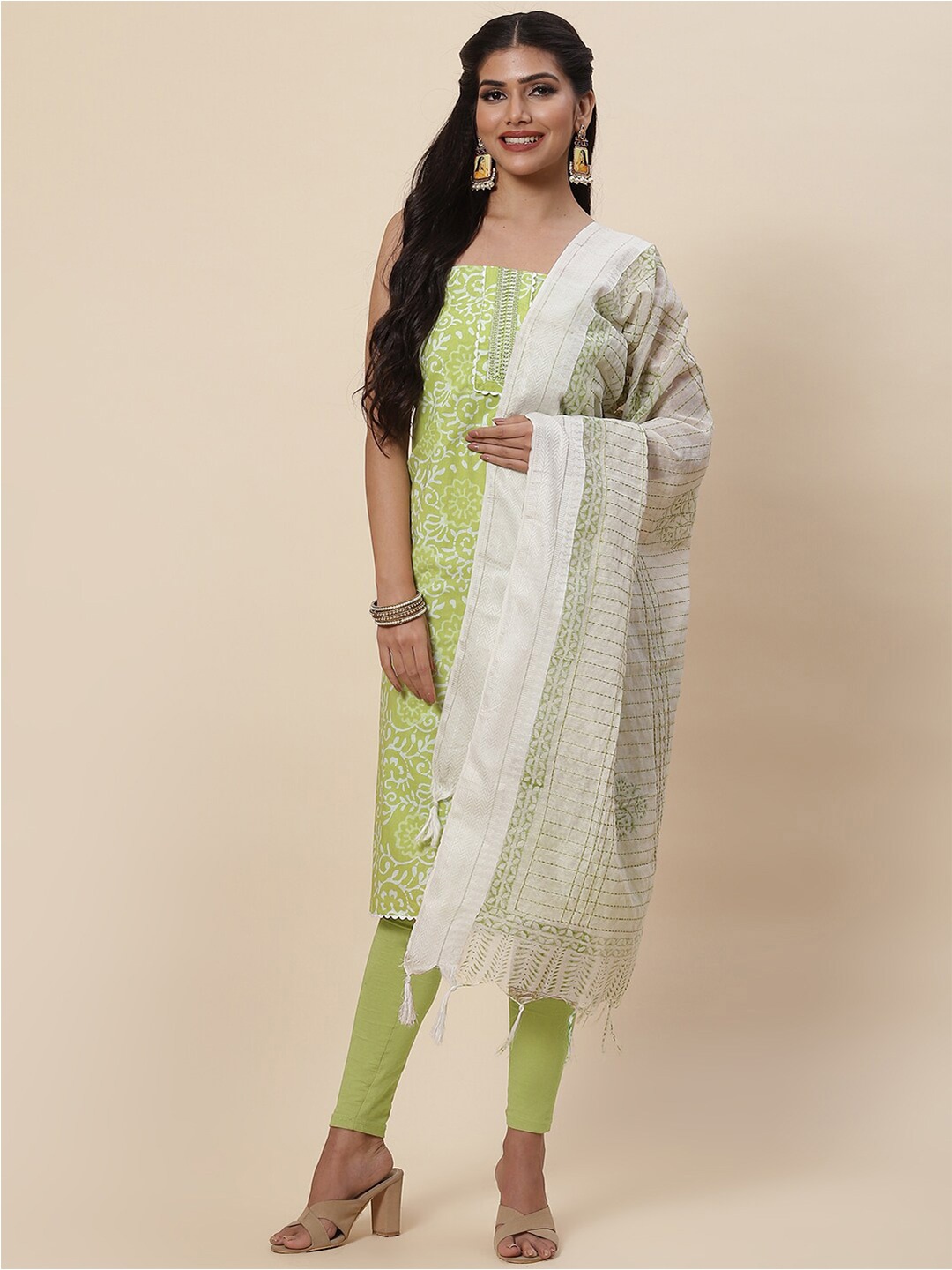 

Meena Bazaar Green & White Printed Pure Cotton Unstitched Dress Material