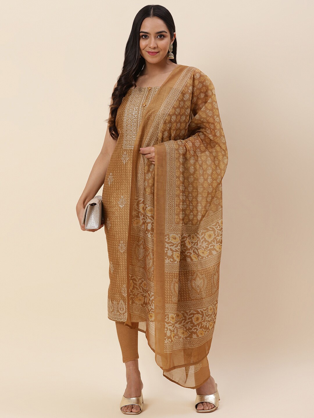 

Meena Bazaar Mustard & White Printed Pure Silk Unstitched Dress Material